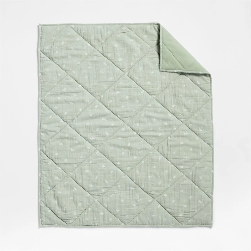 Supersoft Muted Teal Leaf Print Organic Cotton Gauze Baby Crib Quilt