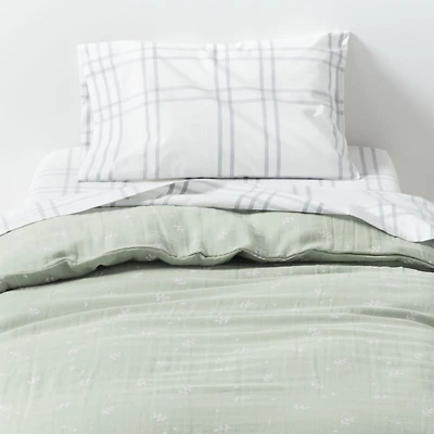 Supersoft Muted Teal Leaf Print Organic Cotton Gauze Toddler Duvet Cover