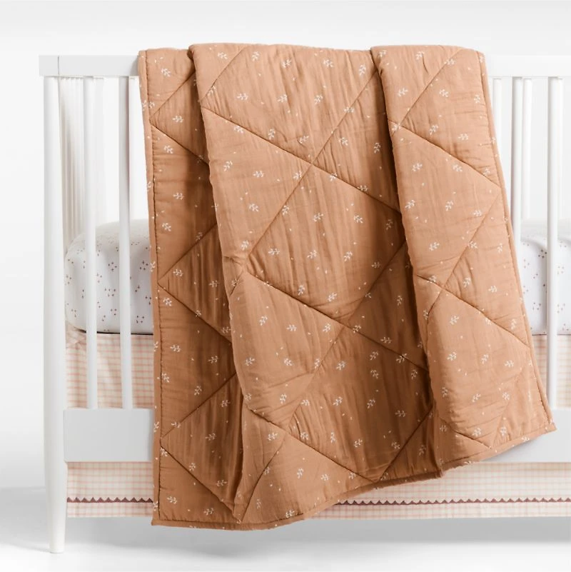 Supersoft Terracotta Leaf Print Organic Cotton Gauze Baby Crib Quilt