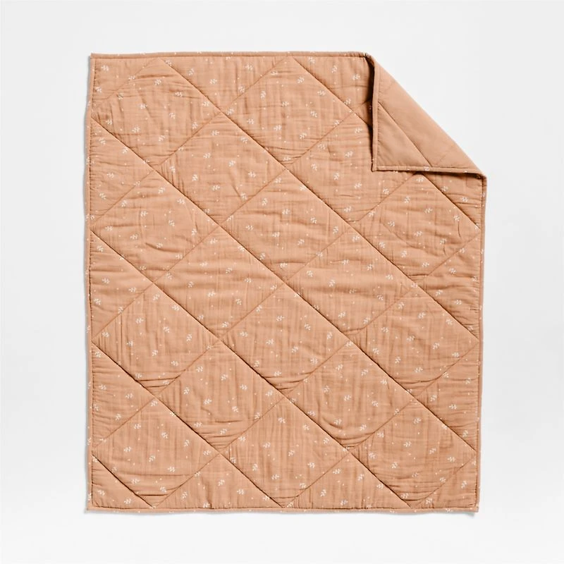 Supersoft Terracotta Leaf Print Organic Cotton Gauze Baby Crib Quilt