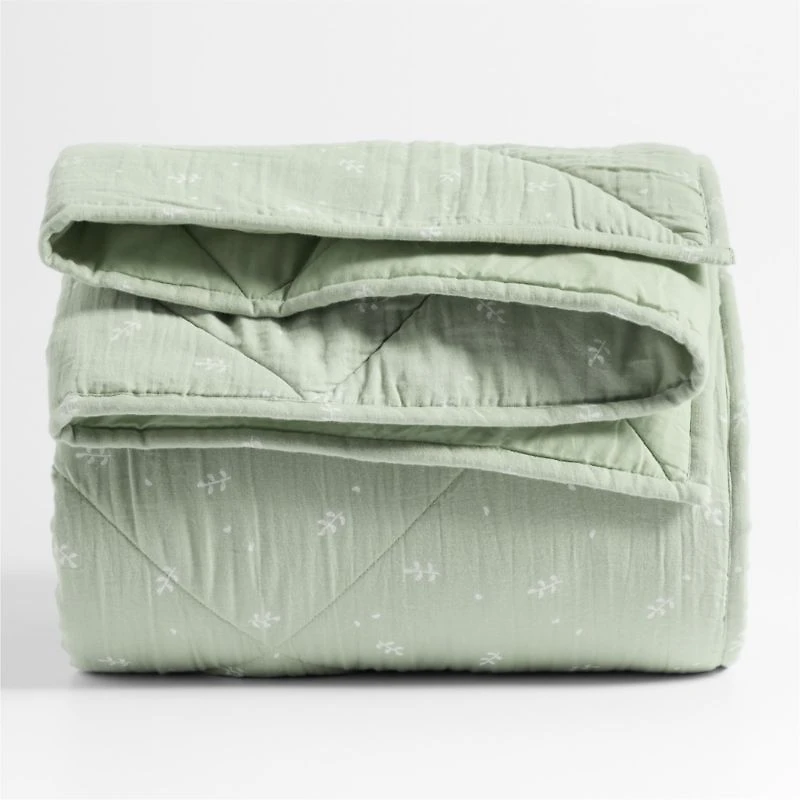 Supersoft Muted Teal Leaf Print Organic Cotton Gauze Kids Full/Queen Quilt