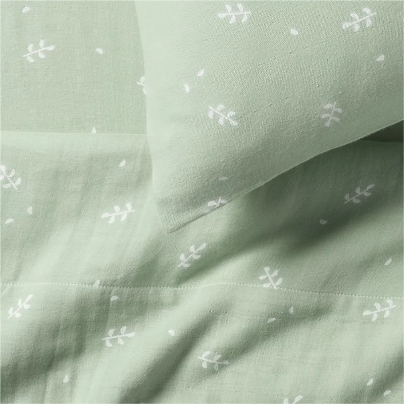 Supersoft Muted Teal Leaf Print Organic Cotton Gauze Kids Queen Sheet Set