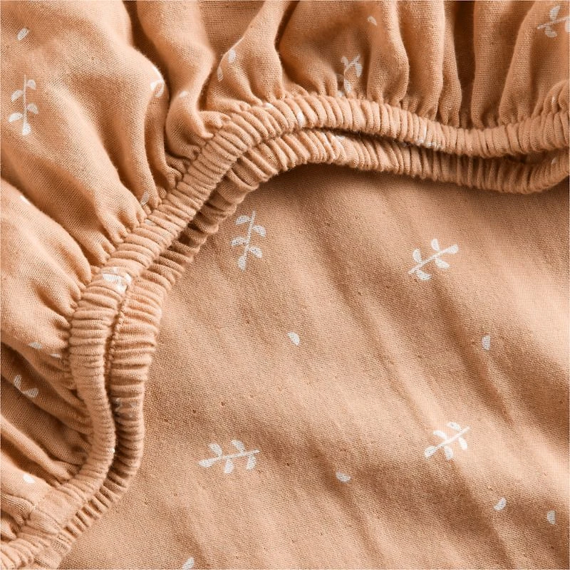 Supersoft Terracotta Leaf Print Organic Cotton Gauze Baby Crib Fitted Sheet