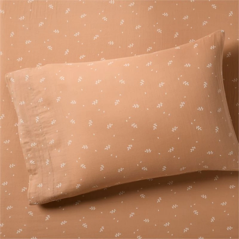 Supersoft Terracotta Leaf Print Organic Cotton Gauze Kids Pillowcase