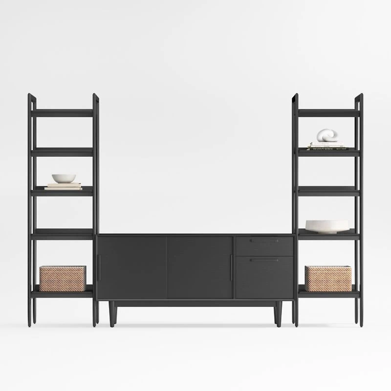 Tate 108.5" Black Wood Storage Media Console and Bookshelf Set