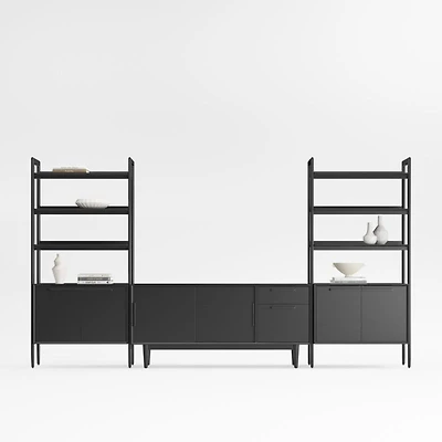 Tate 136.5" Black Wood Storage Media Console and Bookcase Set