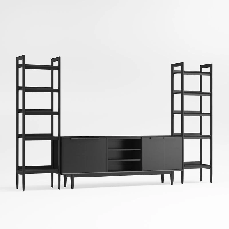 Tate 124" Black Wood Storage Media Console and Bookshelf Set