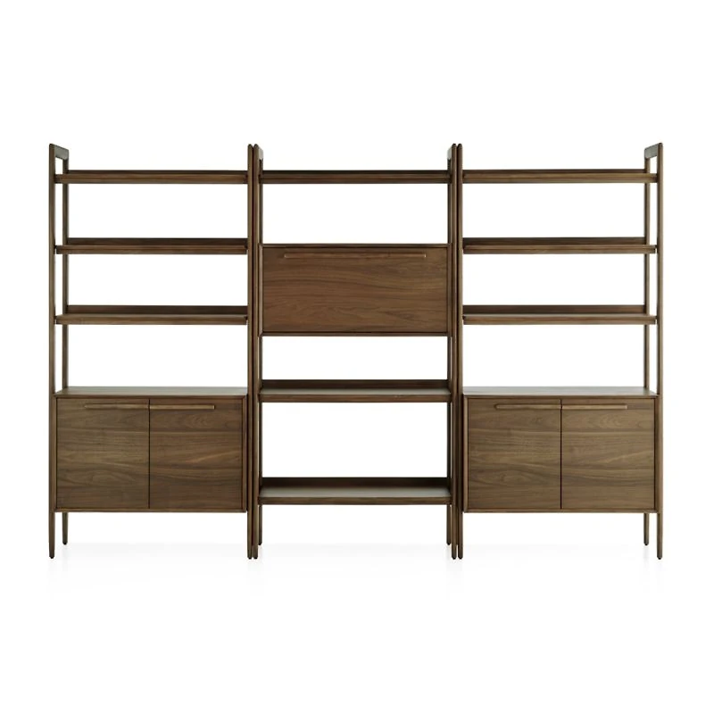 Tate 108" Walnut Bookcase Bar Cabinet with 2 Bookcase Cabinets