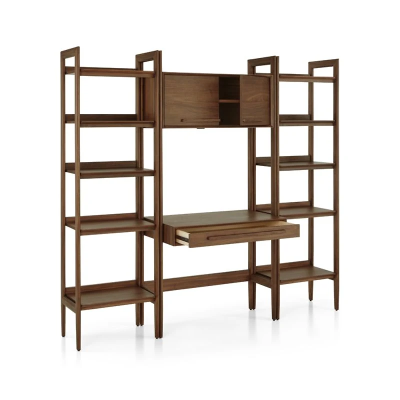 Tate Walnut Bookcase Desk with Outlet with 2 Bookcases