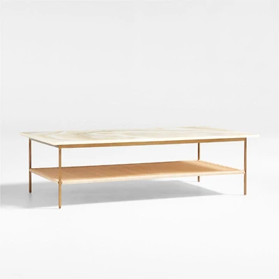 Terranea Onyx Marble and Brass Metal 54" Rectangular Coffee Table with Wicker Shelf