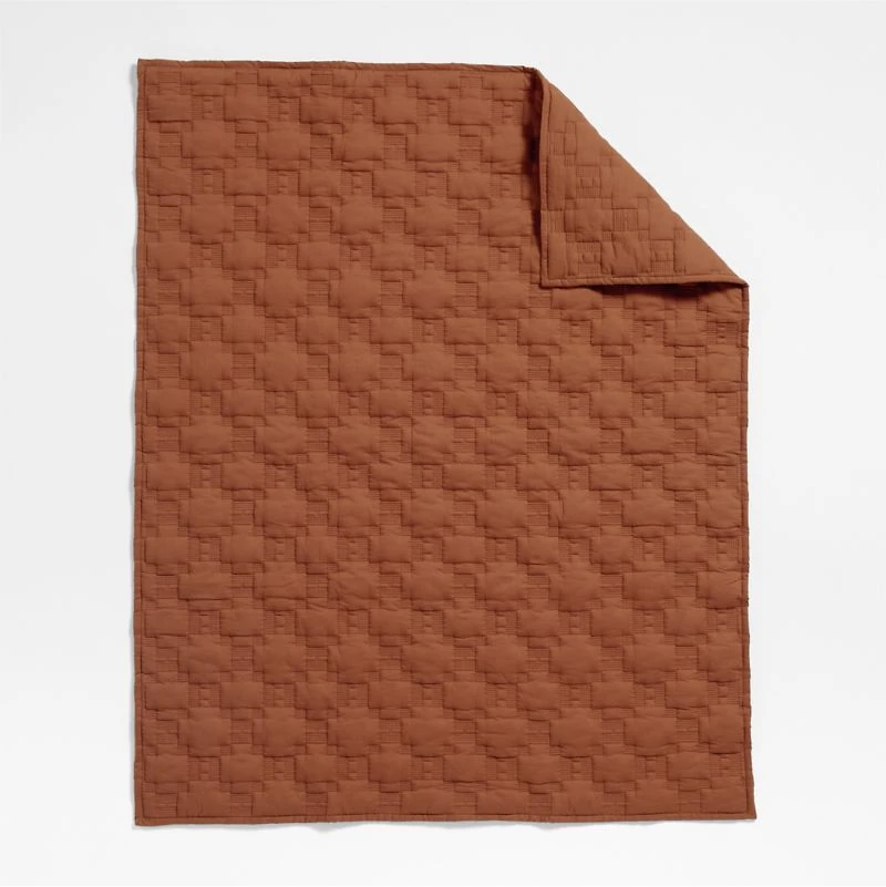 Almond Brown Geometric Stitch Embroidered Cotton Baby Crib Quilt