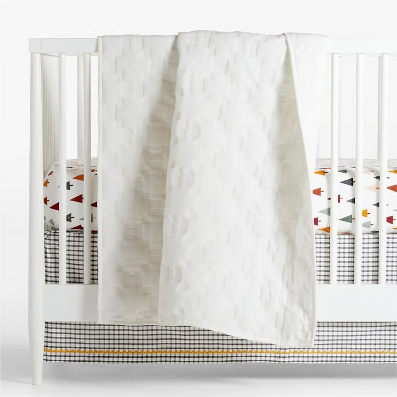 White Geometric Stitch Embroidered Cotton Baby Crib Quilt