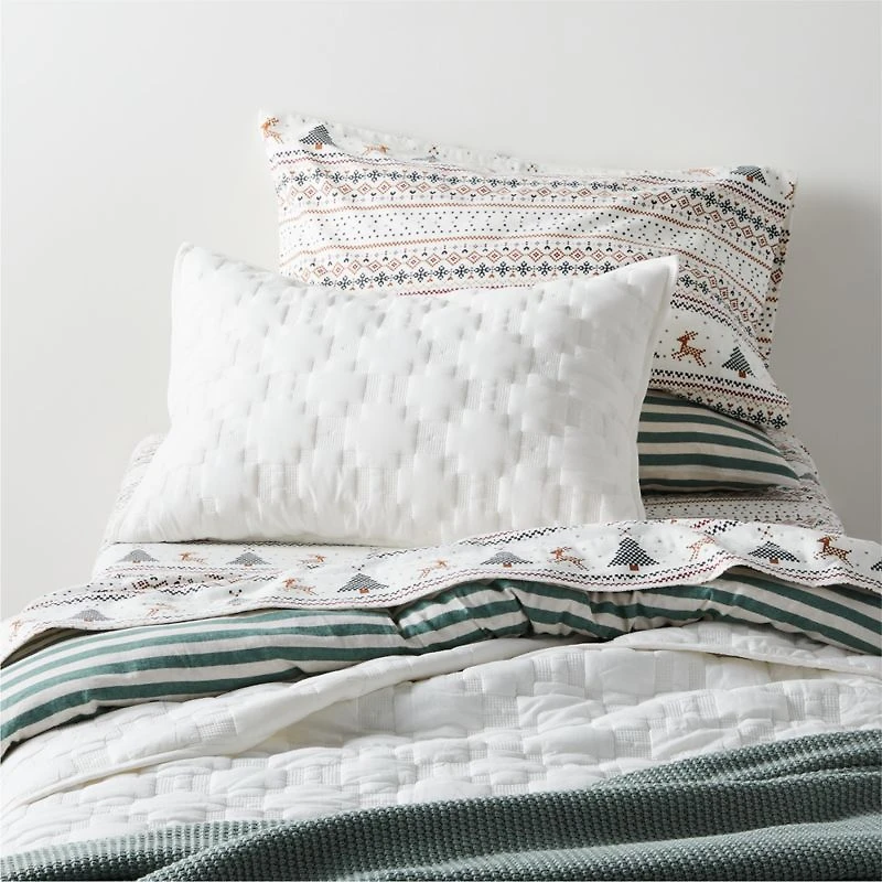 White Geometric Stitch Embroidered Cotton Kids Twin Quilt