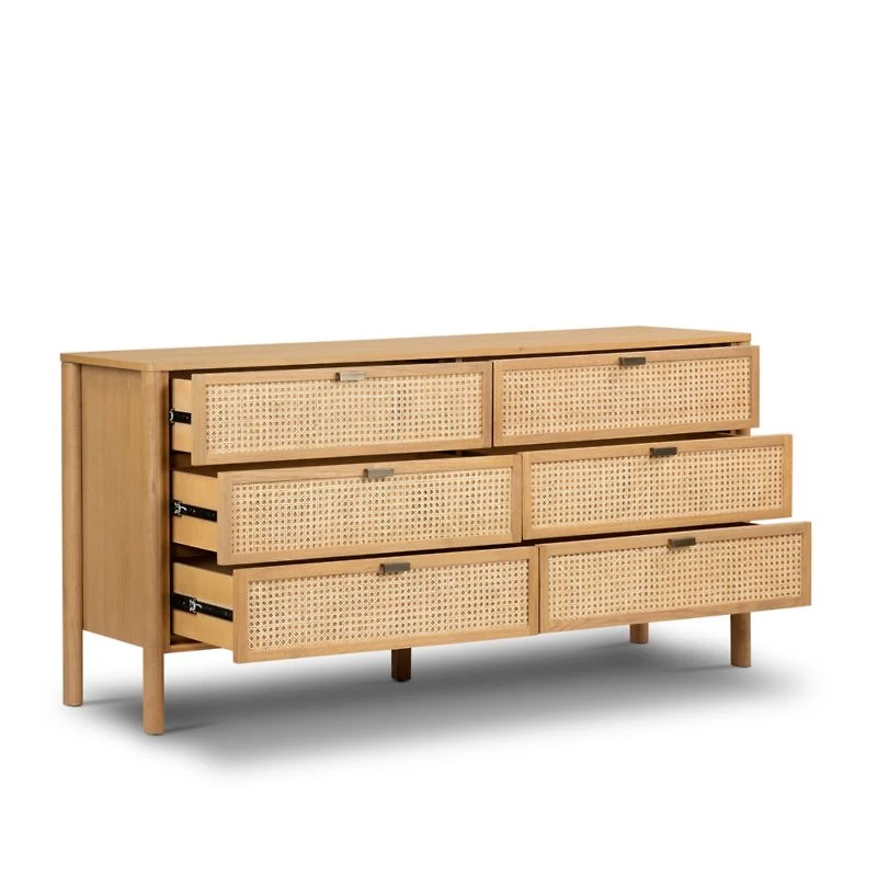 Tisdell Cane and Khaki Oak Wood 6-Drawer Dresser