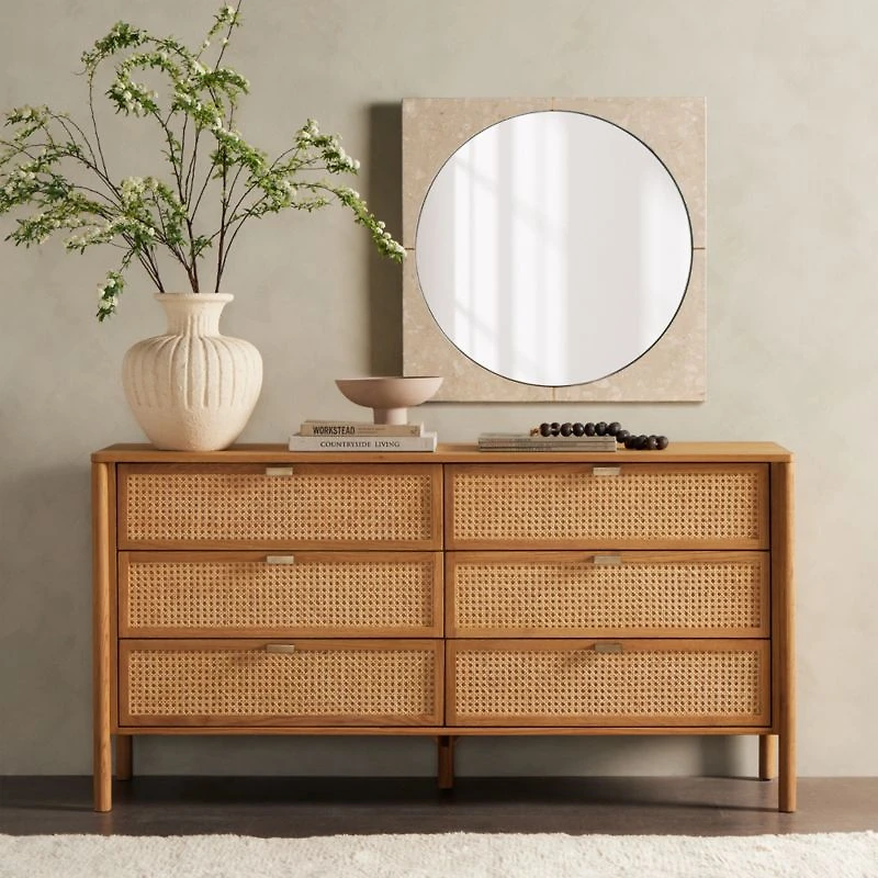 Tisdell Cane and Khaki Oak Wood 6-Drawer Dresser