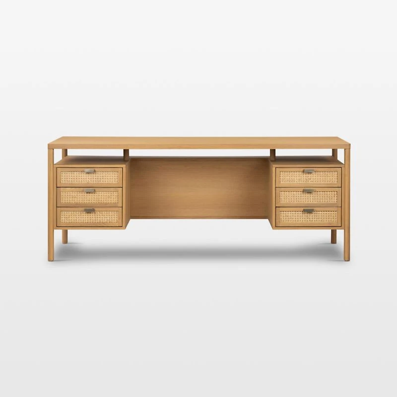 Tisdell Cane and Khaki Oak Wood Desk with Drawers
