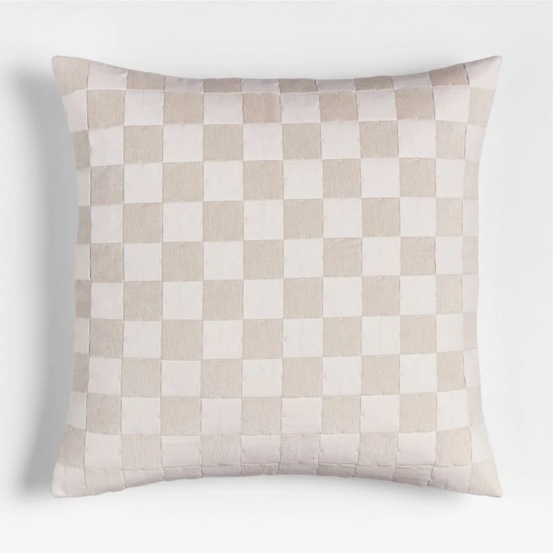 Tonal Checkerboard Organic Cotton Linen Blend 23"x23" Arctic Ivory Throw Pillow with Feather Insert