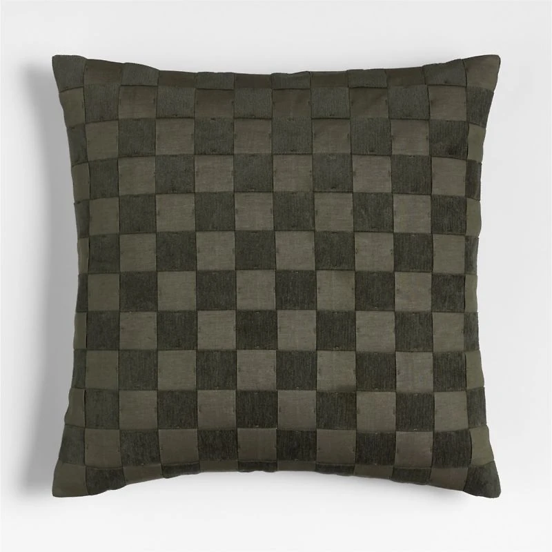 Tonal Checkerboard Organic Cotton Linen Blend 23"x23" Burnt Green Throw Pillow with Feather Insert