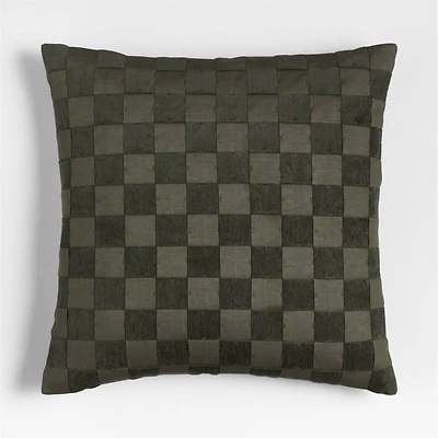 Tonal Checkerboard Organic Cotton Linen Blend 23"x23" Burnt Green Throw Pillow with Feather Insert