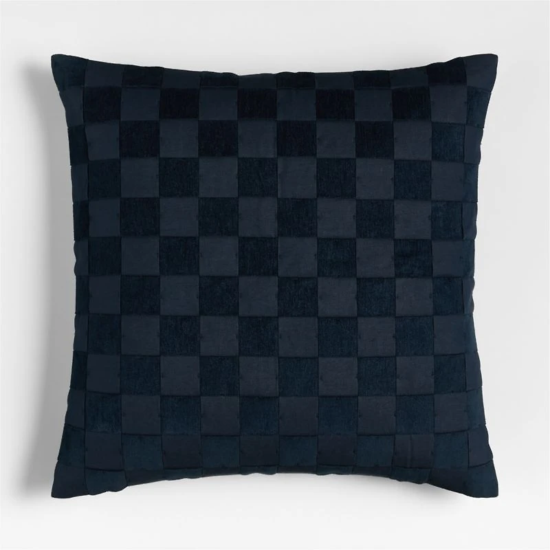 Tonal Checkerboard Organic Cotton Linen Blend 23"x23" Deep Indigo Throw Pillow with Feather Insert