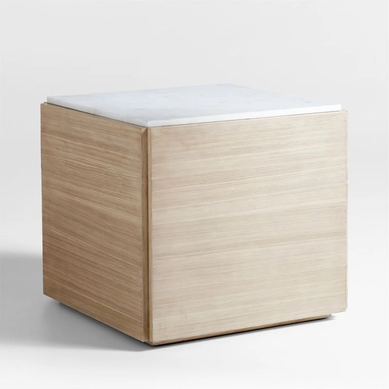Troupe 24" Pine Wood Square Side Table with Marble Top