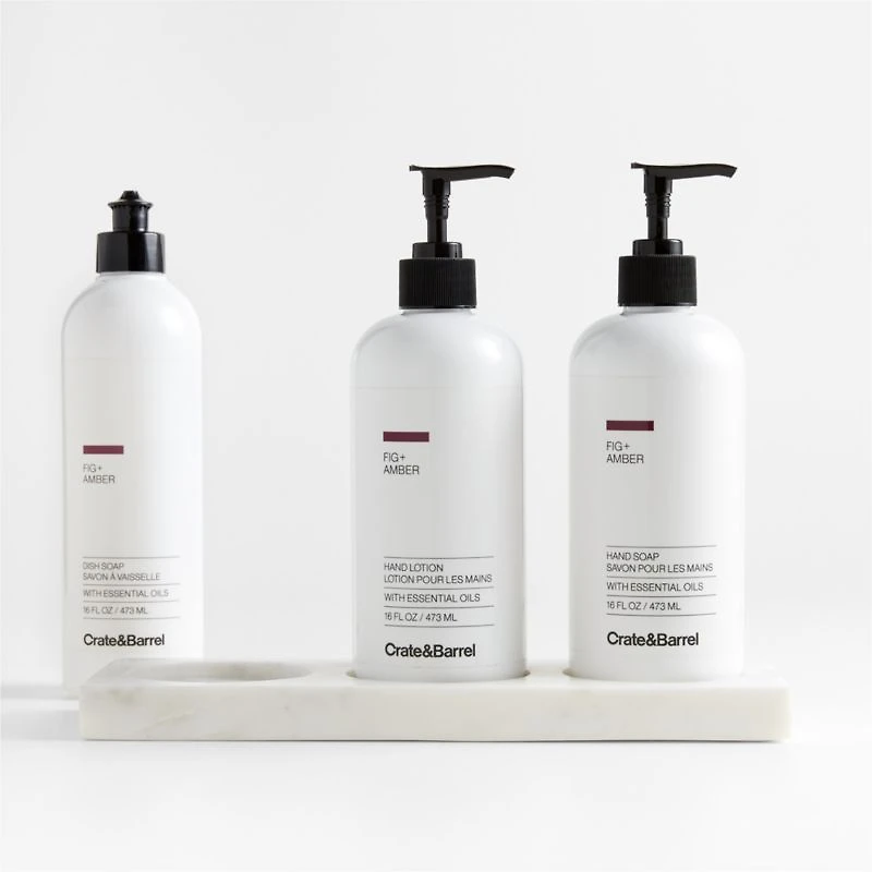 Fig + Amber Hand Soap, Lotion and Dish Soap Set with White Marble Caddy