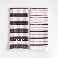 Waffle-Terry Plaid & Stripe Black Organic Cotton Kitchen Towels, Set of 2