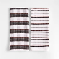 Waffle-Terry Plaid & Stripe Black Organic Cotton Kitchen Towels, Set of 2