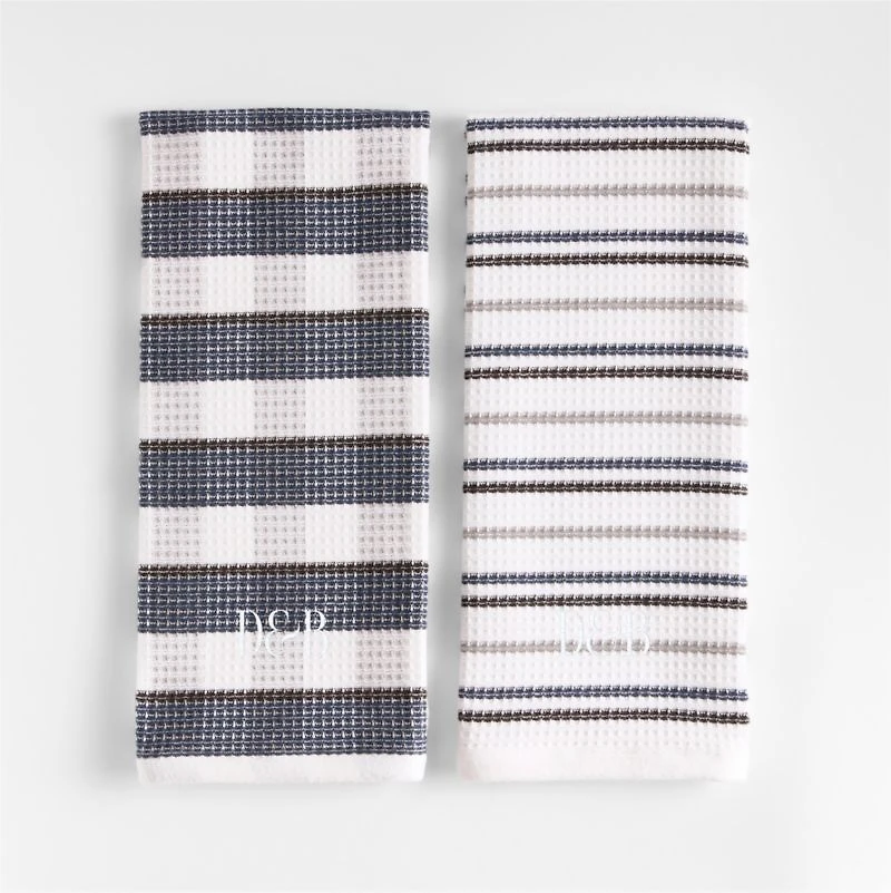 Waffle-Terry Plaid & Stripe Indigo Organic Cotton Kitchen Towels, Set of 2