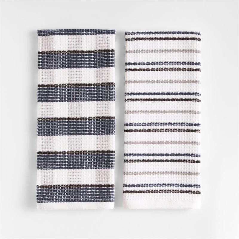 Waffle-Terry Plaid & Stripe Indigo Organic Cotton Kitchen Towels, Set of 2