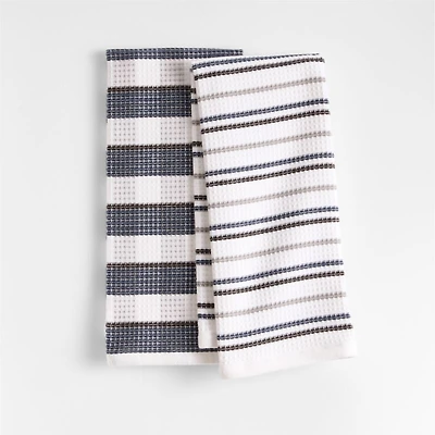 Waffle-Terry Plaid & Stripe Indigo Organic Cotton Kitchen Towels, Set of 2