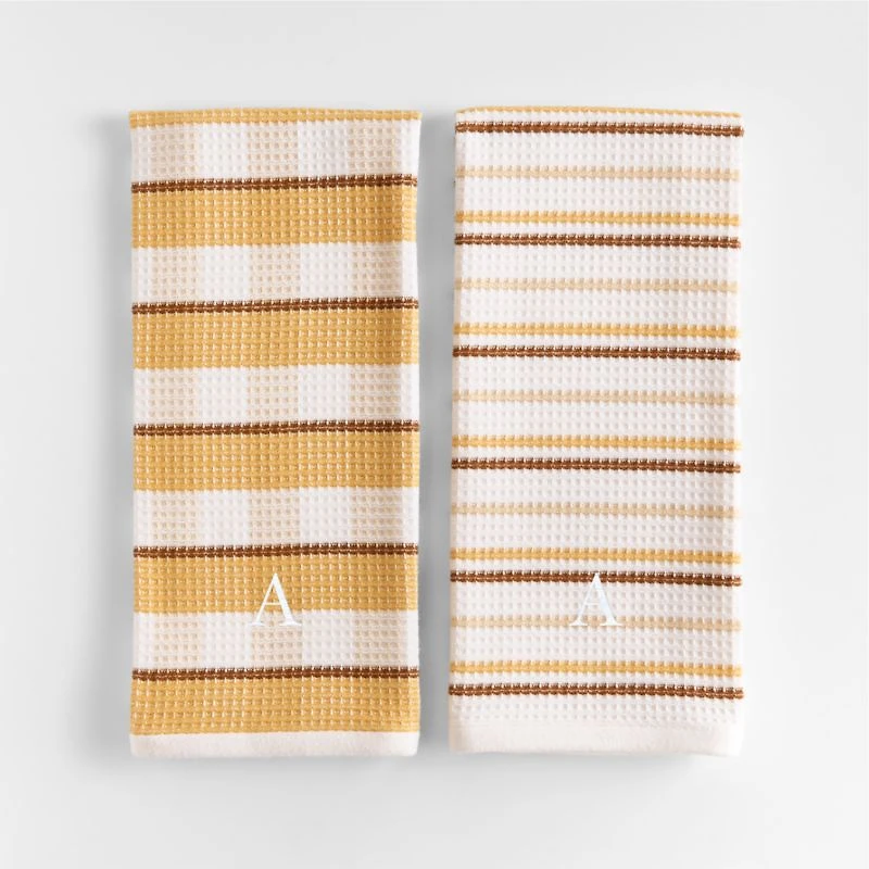 Waffle-Terry Plaid & Stripe Saffron Yellow Organic Cotton Kitchen Towels, Set of 2