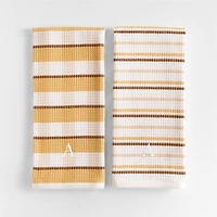 Waffle-Terry Plaid & Stripe Saffron Yellow Organic Cotton Kitchen Towels, Set of 2