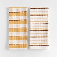 Waffle-Terry Plaid & Stripe Saffron Yellow Organic Cotton Kitchen Towels, Set of 2