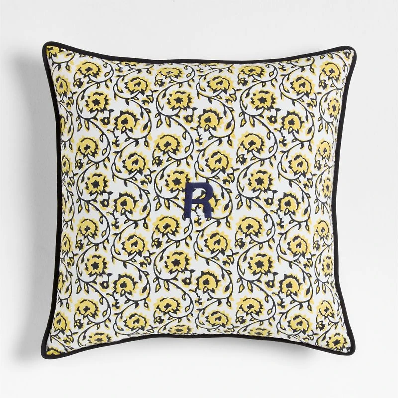 Washed Cotton 23"x23" Golden Flax Yellow Floral Reversible Hand Printed Throw Pillow Cover