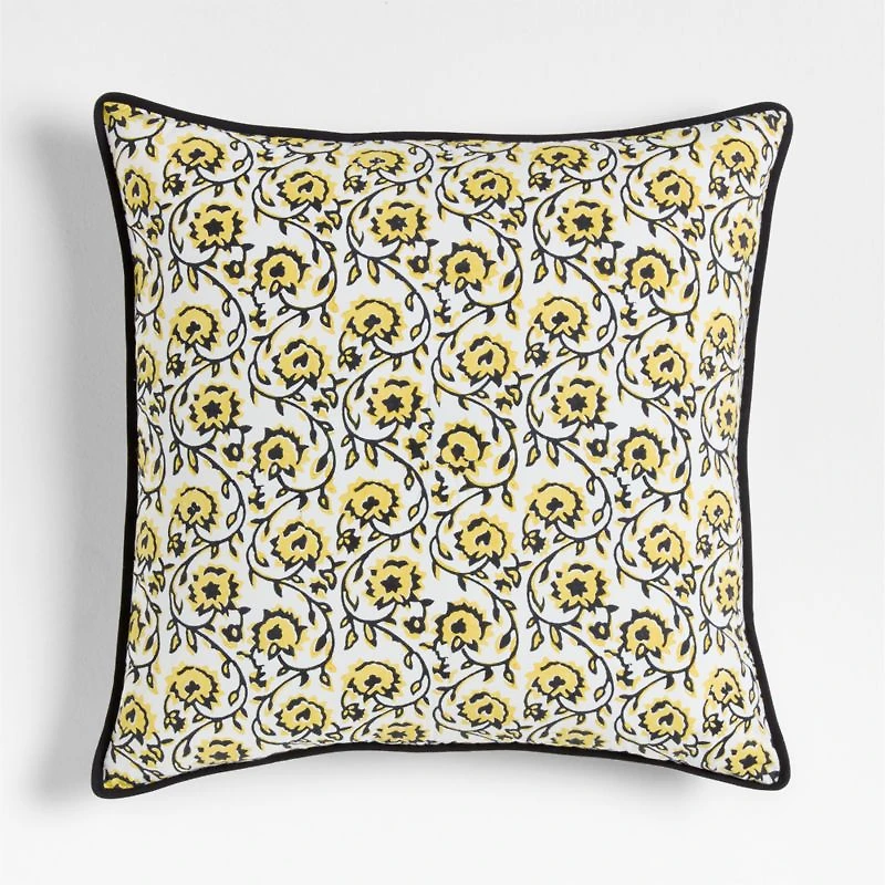Washed Cotton 23"x23" Golden Flax Yellow Floral Reversible Hand Printed Throw Pillow Cover
