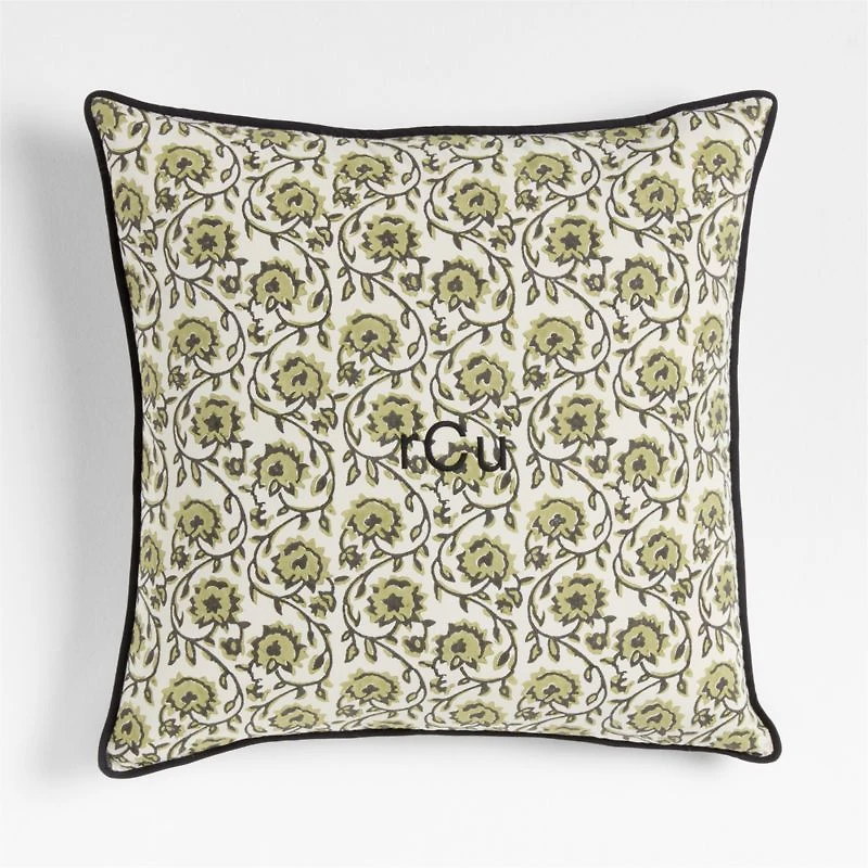 Washed Cotton 23"x23" Olive Green Floral Reversible Hand Printed Throw Pillow with Feather Insert