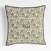 Washed Cotton 23"x23" Olive Green Floral Reversible Hand Printed Throw Pillow with Feather Insert