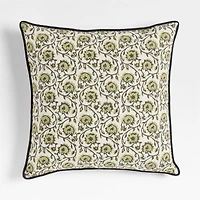 Washed Cotton 23"x23" Olive Green Floral Reversible Hand Printed Throw Pillow with Feather Insert