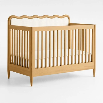 Waveland Natural Oak Wood and Natural Strip Upholstered Convertible Baby Crib with Toddler Bed Rail