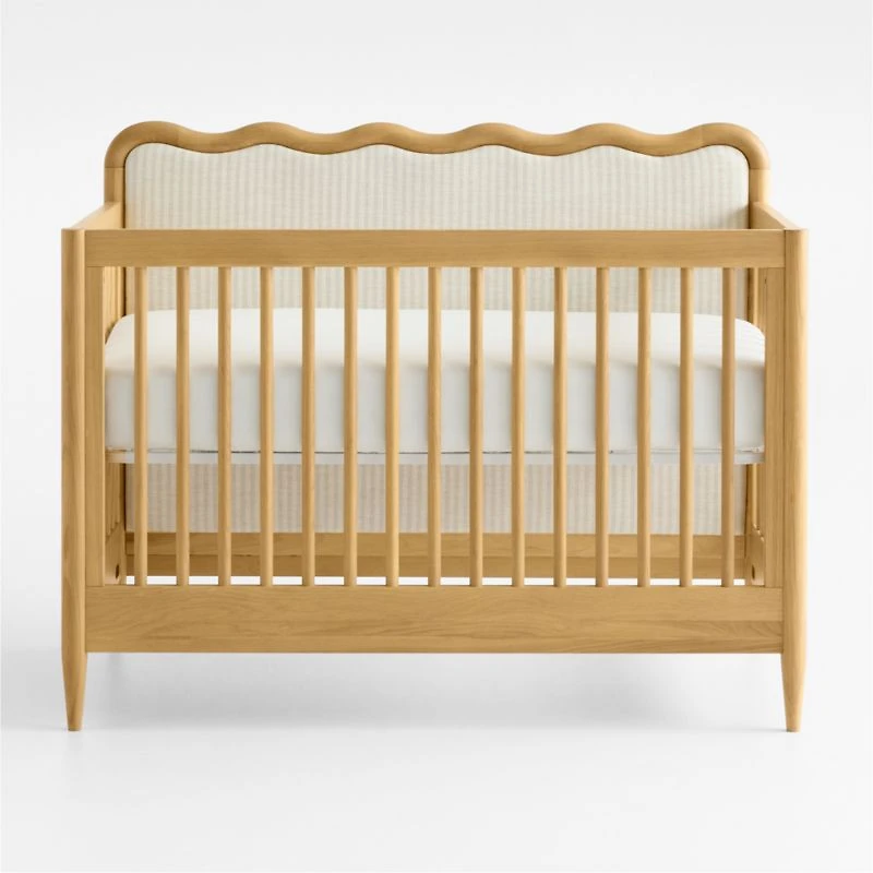 Waveland Natural Oak Wood and Natural Strip Upholstered Convertible Baby Crib with Toddler Bed Rail