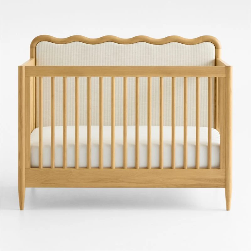 Waveland Natural Oak Wood and Natural Strip Upholstered Convertible Baby Crib with Toddler Bed Rail