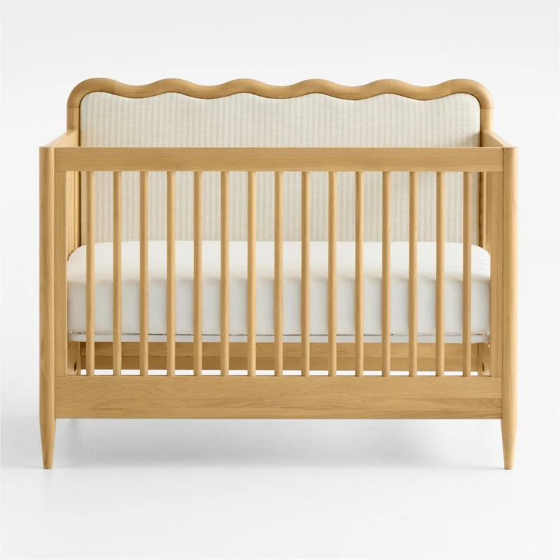 Waveland Natural Oak Wood and Natural Strip Upholstered Convertible Baby Crib with Toddler Bed Rail