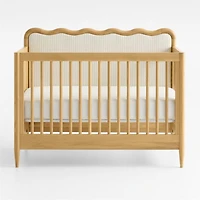 Waveland Natural Oak Wood and Natural Strip Upholstered Convertible Baby Crib with Toddler Bed Rail