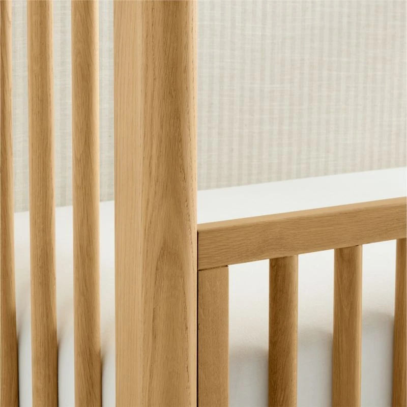 Waveland Natural Oak Wood and Natural Strip Upholstered Convertible Baby Crib with Toddler Bed Rail