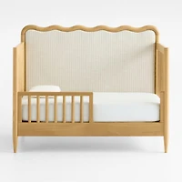 Waveland Natural Oak Wood and Natural Strip Upholstered Convertible Baby Crib with Toddler Bed Rail
