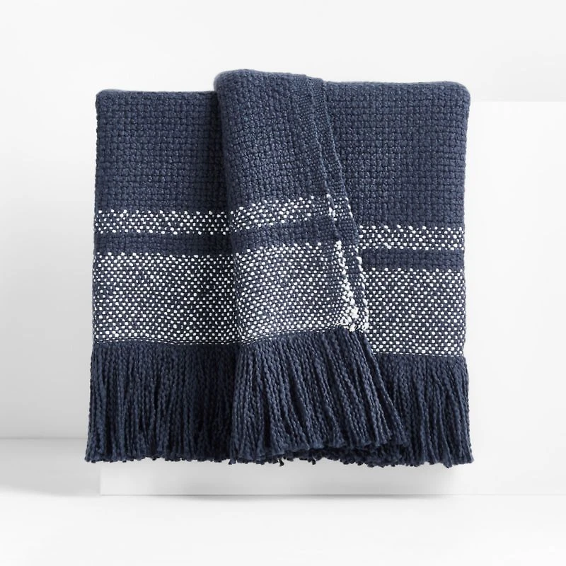 Weekend Deep Indigo Blue Organic Cotton 70"x55" Fringe Throw Blanket