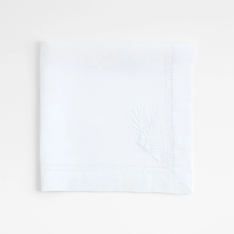 White Embroidered Pinecone EUROPEAN FLAX ™-Certified Linen Dinner Napkin