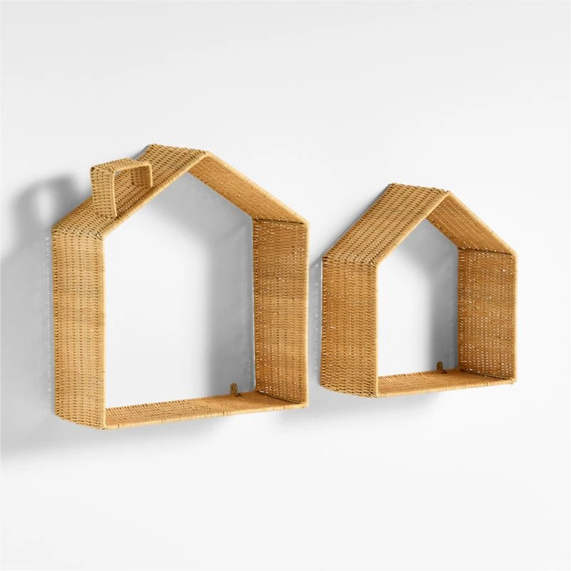Wicker House Shaped Wall Shelves, Set of 2