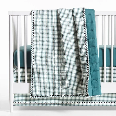 Teal Windowpane Plaid Organic Cotton Baby Crib Quilt